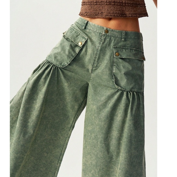 Boho Mineral Wash Green Pockets Stretchy Waist Wide leg Denim Pants - Picture 2 of 6